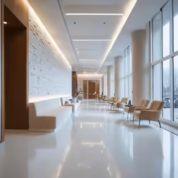 the long hallway in a hotel has windows and chairs