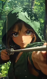a person wearing green holding a bow and arrow