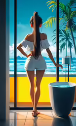 a woman in white shorts and red glasses standing next to a window