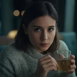 woman sitting down holding a glass of beverage looking sad