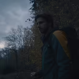 a man wearing a backpack walking on a dark path