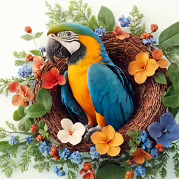 a large blue and yellow bird sitting on a nest with flowers