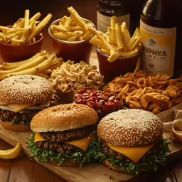 various types of burgers and fries with ketchup on a cutting board