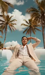 an indian woman posing in a blue pool and some palm trees