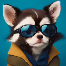 a dog with goggles and a coat