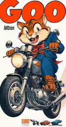 the fox rides on the motorcycle while wearing a blue suit
