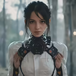 a woman wearing a black camera in a forest