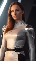 a female in a silver dress with an armor