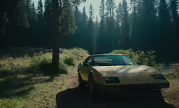 a car parked on the side of a dirt road in the woods