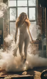 the beautiful woman is surrounded by smoke and her hat