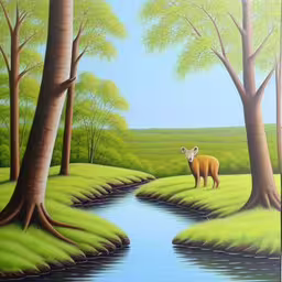 a painting that is in a very nice room,a painting of a deer in a grass field and river,this is an artwork titled deer by a river,a painting of a deer in a grassy field,painting of fox standing by stream near trees