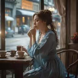 woman in blue sitting at table with coffee on both sides looking out window