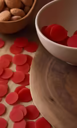 bowls and plates filled with red candy coated nuts