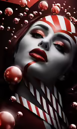 a woman with lipstick and candy canes on her face
