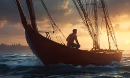 a person on a boat in the ocean at sunset,a man sitting on a sailboat in the ocean as the sun sets