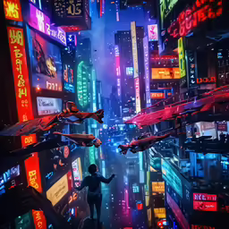 an animation with neon signs and a cityscape