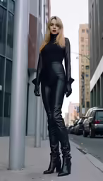 a woman in black boots poses on the sidewalk