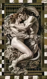 the painting depicts a couple kissing on top of each other