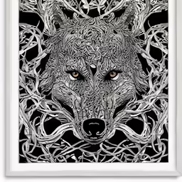 a black and white wolf head surrounded by intricate vines