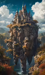 a surreal painting showing a castle sitting on top of a mountain