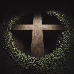 a cross is surrounded by a grassy area