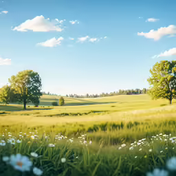 a green field that has white flowers in it