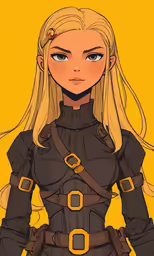 a woman with blonde hair, in black outfit