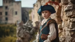 young girl dressed as a pirate standing in an old town