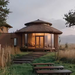 a small thatched roof structure with benches in the foreground