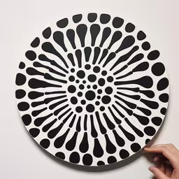 a person is holding up a circular disk with dots on it,a hand touching a circular decorative object