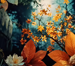 a floral scene in the forest, with yellow and white flowers