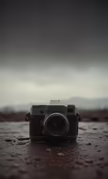 an old camera is sitting in the rain