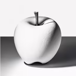 an apple is sitting on a table with the shadow of a small wood post sticking out of it