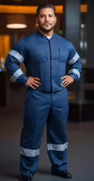 a man in a blue workwear is posing for a photograph