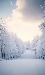 a snowy road in the middle of the woods