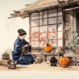 a japanese lady with her hands on her knees looking at a digital tablet