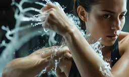 a close up of a person standing under water pouring