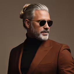 a man wearing a brown suit and sunglasses