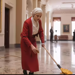 a woman sweeping the floor with a mop