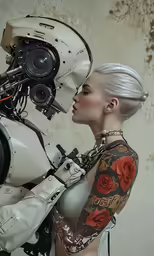 a woman posing in front of a robot wearing a pink rose tattoo