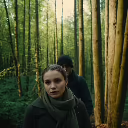 a man and woman walking through the woods