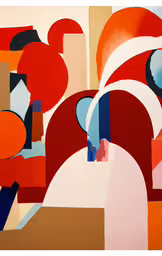 the abstract painting shows red, blue, and white shapes,an image of a painting with different colored elements