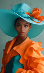 a woman in an orange and blue hat and orange shirt