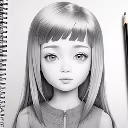 a drawing of a girl with long blonde hair and a pencil in her hand