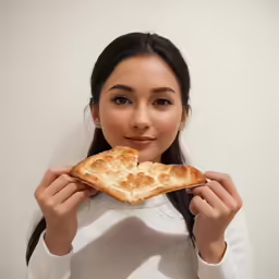 a young woman is holding a large pizza slice in one hand and looking into the camera