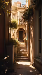 a stairway leads to two buildings next to each other