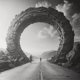 a large circular archway in the middle of a road