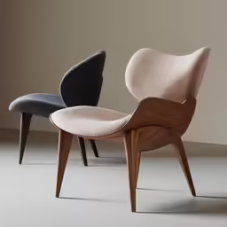 three different types of chairs, one is made of wood and the other has black, beige