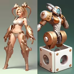 a statue of a female robot standing next to a box with a woman on it