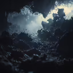 a very blurry looking night scene of rocky terrain